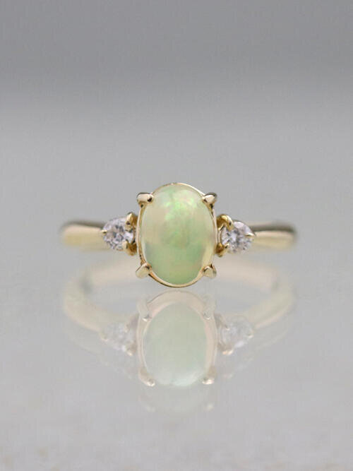 8x6MM Natural Opal Three Stone Solid 14K Gold Classic Ring