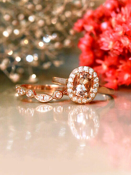 Morganite Diamond Engagement Ring Set Solid 14K Gold