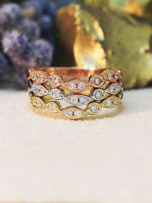 Fine Jewelry Set Diamond Bezel V Bands Stackable Engagement Fine Jewelry Set Diamond Bezel V Bands Stackable Engagement Solid 14k Tri Gold Wedding Free Shipping